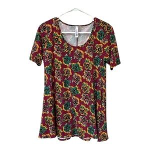 Floral Rose Print Tunic Top Pink Green Yellow Stretch A-Line Boho Small